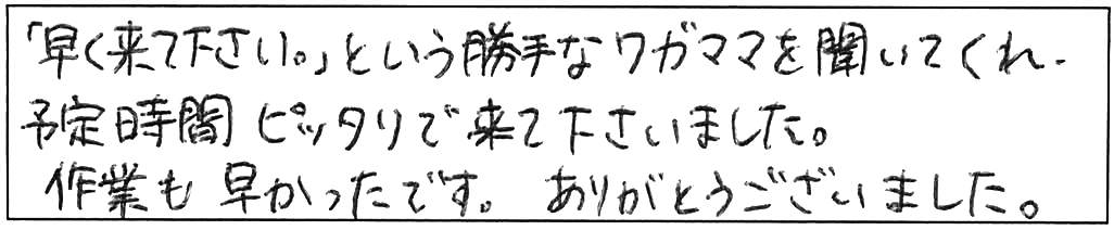 予定時刻ピッタリの到着助かりました。/50代女性
